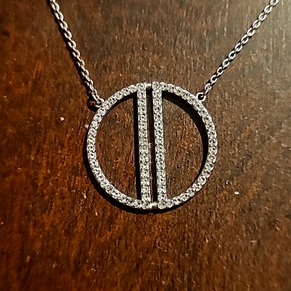 Carmen Silver White Necklace w/Cubic Zirconia Attached Cirle Pendant, 16" Length - Picture 2 of 6